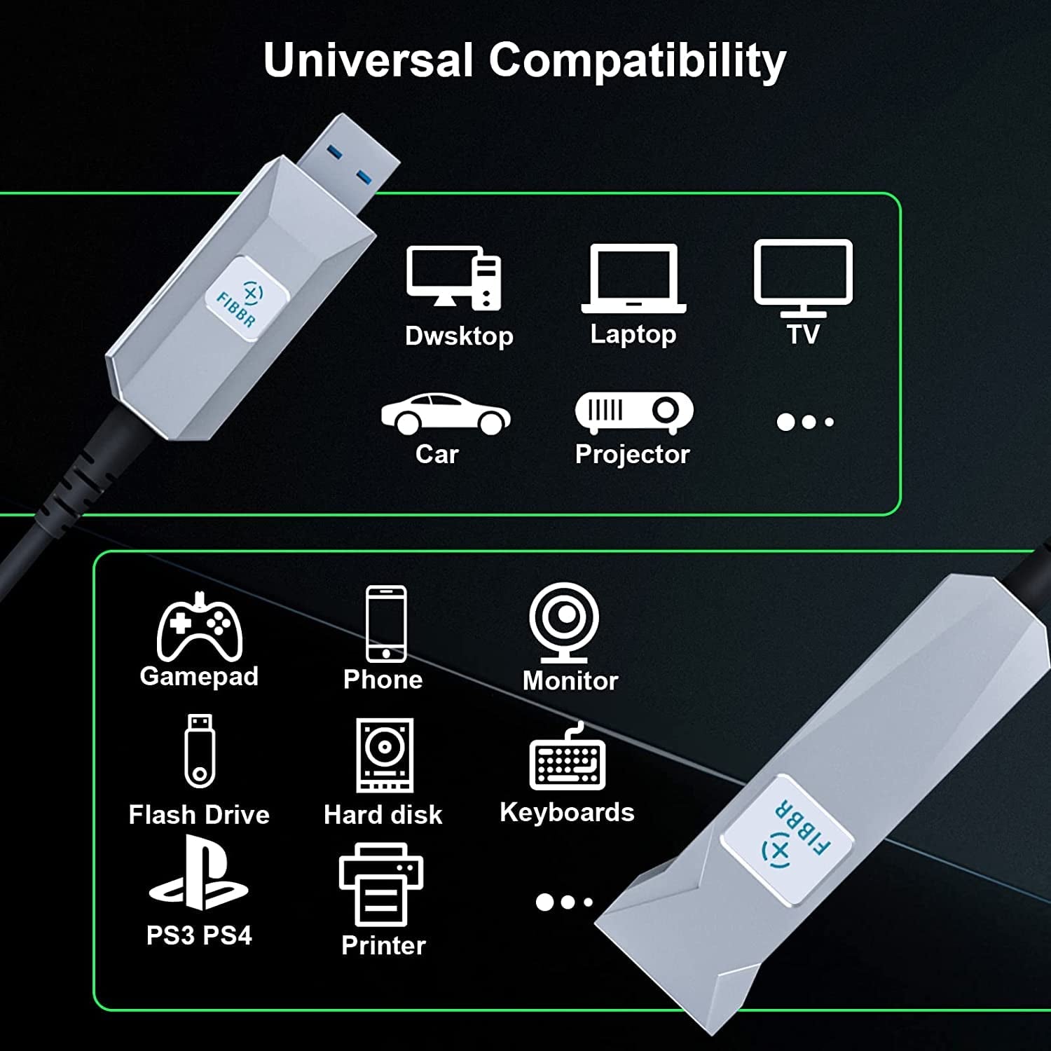 FIBBR Fiber Optic USB Type A 3.0 Male to Female Active Extension Cable (50Ft)