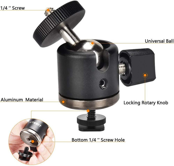 UTEBIT Mini Ball Head, Tripod Head with 1/4" Hot Shoe, 360° Rotatable Ball Head