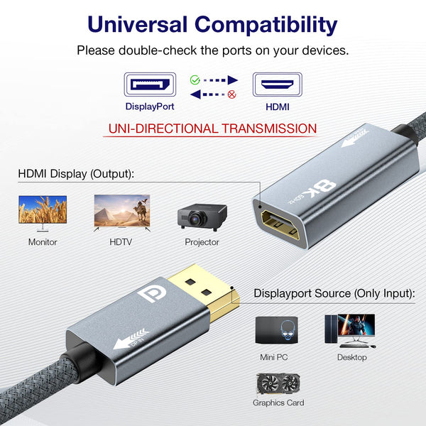 8K Displayport 1.4 (Male) to HDMI 2.1 (Female) Adapter, Uni-Directional Converter Cable