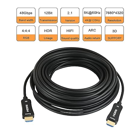 iBirdie 8K Fiber Optic HDMI 2.1 Cable 50 Feet 8K60hz 4K120hz 4K144hz HDCP 2.3 2.2 48Gbps Ultra High Speed Compatible with Apple-TV Dolby Vision Atmos PS5 PS4, Xbox One Series X, RTX 3080 3090