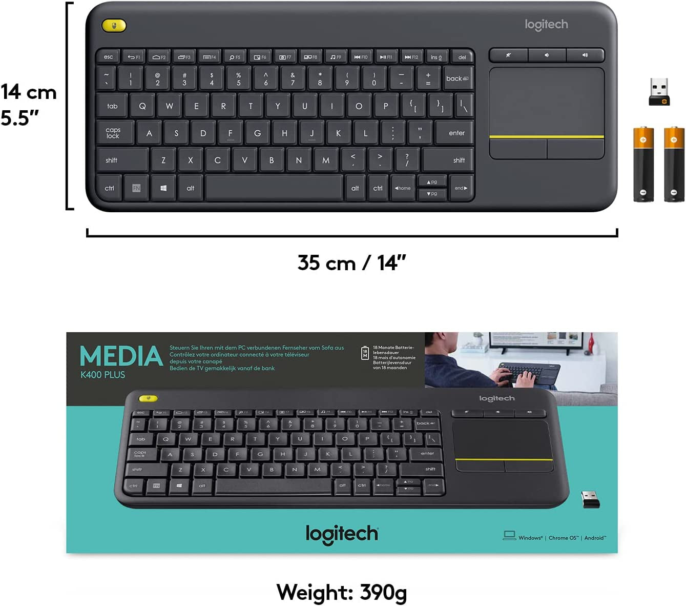 Logitech K400 plus Wireless Keyboard with USB Dongle