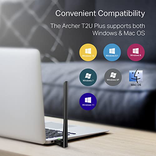 TP-Link AC600 USB WiFi Adapter for PC (Archer T2U Plus)- Wireless Network Adapter for Desktop with 2.4GHz, 5GHz High Gain Dual Band 5dBi Antenna, Supports Win11/10/8.1/8/7/XP, Mac OS 10.9-10.14